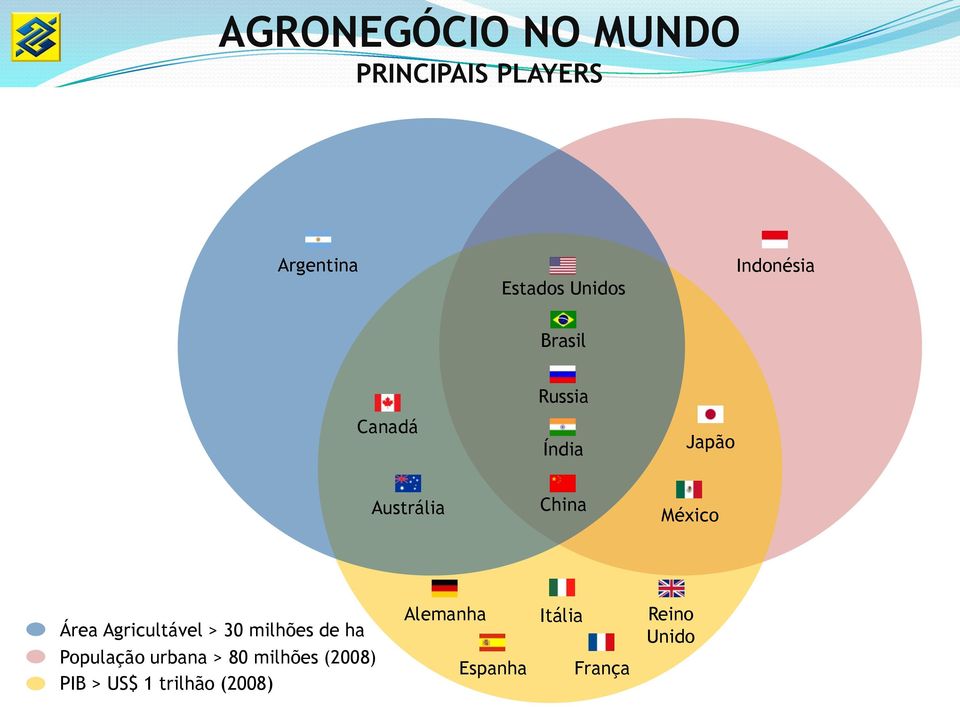 Área Agricultável > 30 milhões de ha População urbana > 80 milhões