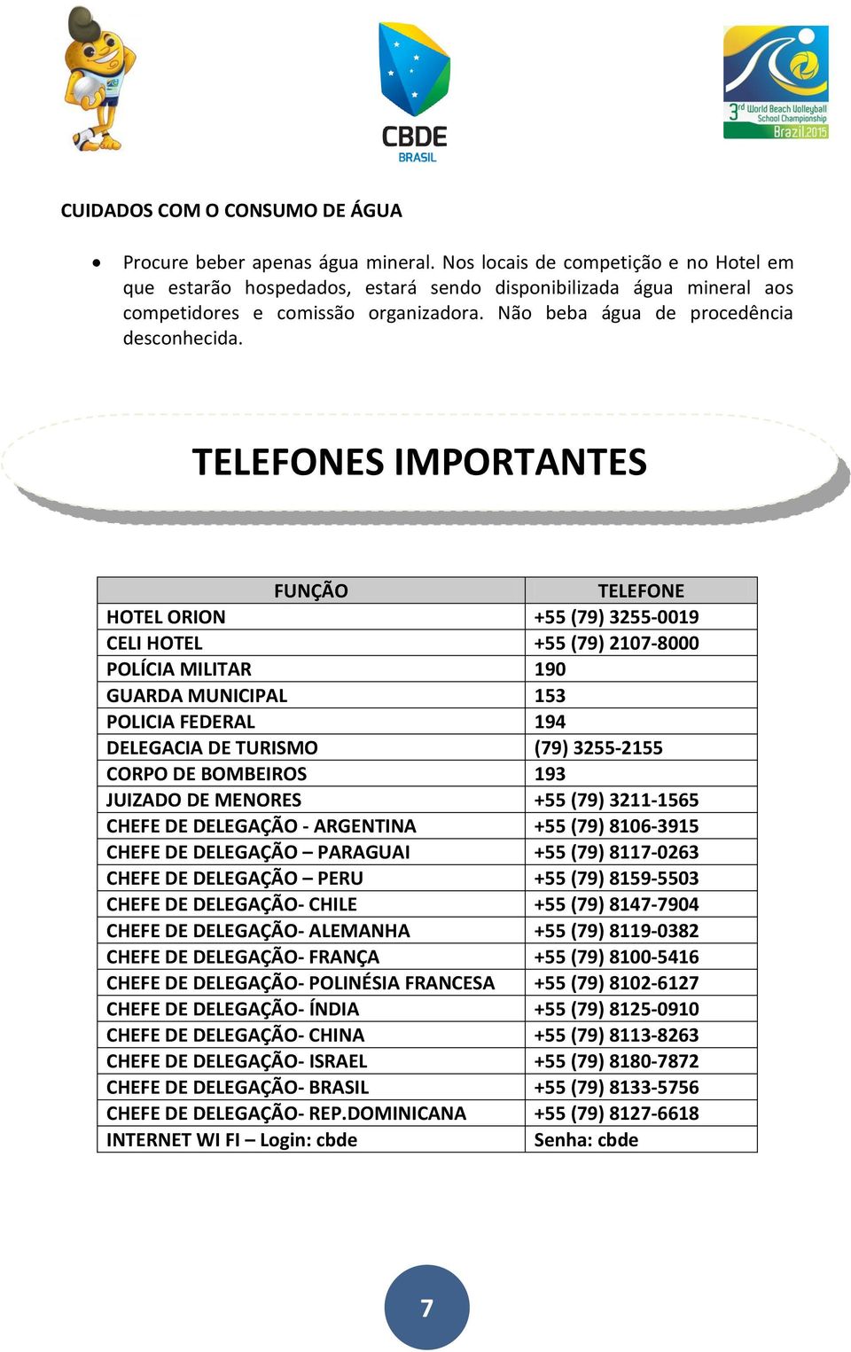 TELEFONES IMPORTANTES FUNÇÃO TELEFONE HOTEL ORION +55 (79) 3255-0019 CELI HOTEL +55 (79) 2107-8000 POLÍCIA MILITAR 190 GUARDA MUNICIPAL 153 POLICIA FEDERAL 194 DELEGACIA DE TURISMO (79) 3255-2155
