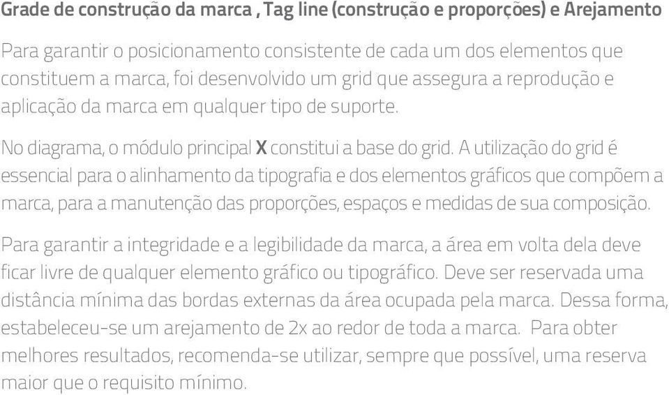 A utilização do grid é essencial para o alinhamento da tipografia e dos elementos gráficos que compõem a marca, para a manutenção das proporções, espaços e medidas de sua composição.