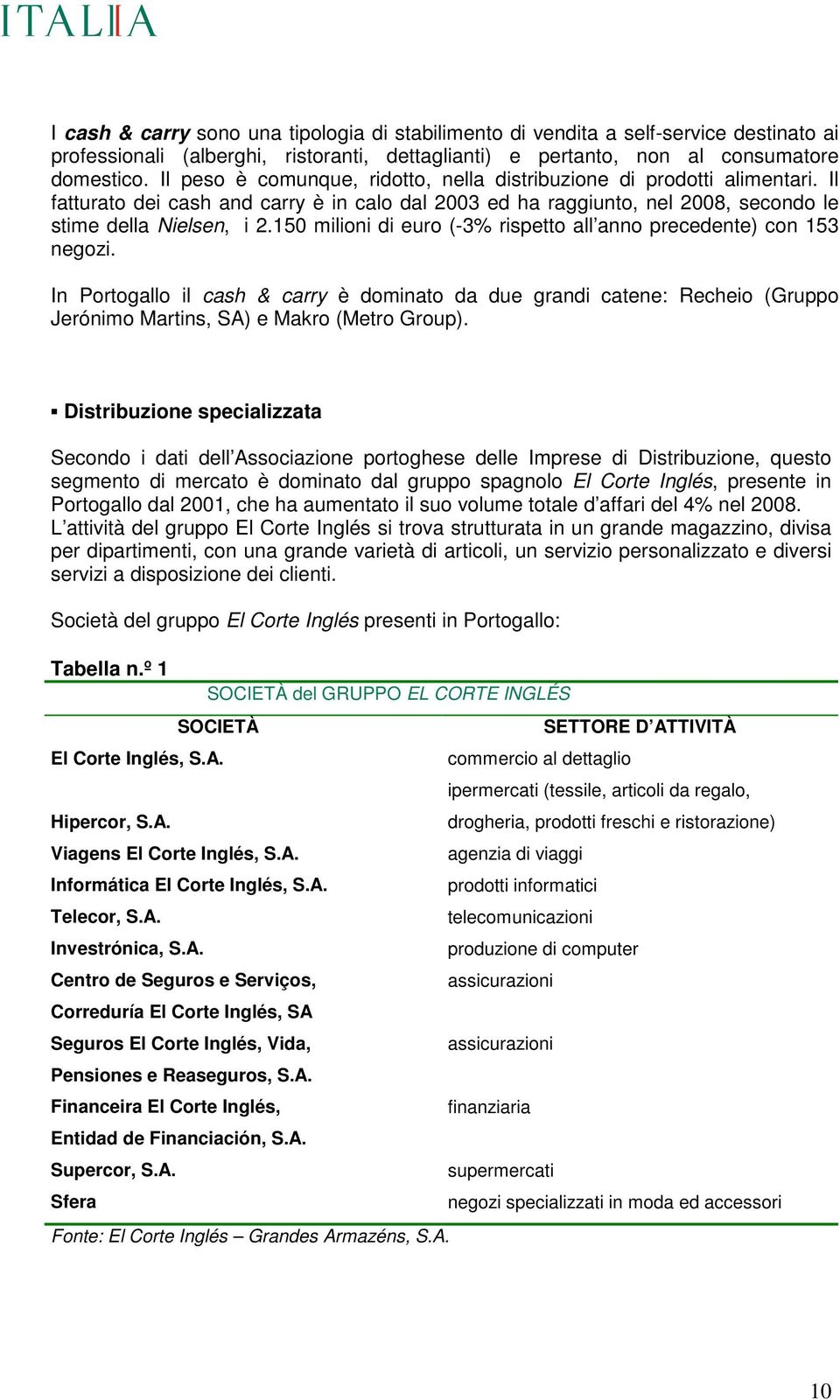 150 milioni di euro (-3% rispetto all anno precedente) con 153 negozi. In Portogallo il cash & carry è dominato da due grandi catene: Recheio (Gruppo Jerónimo Martins, SA) e Makro (Metro Group).