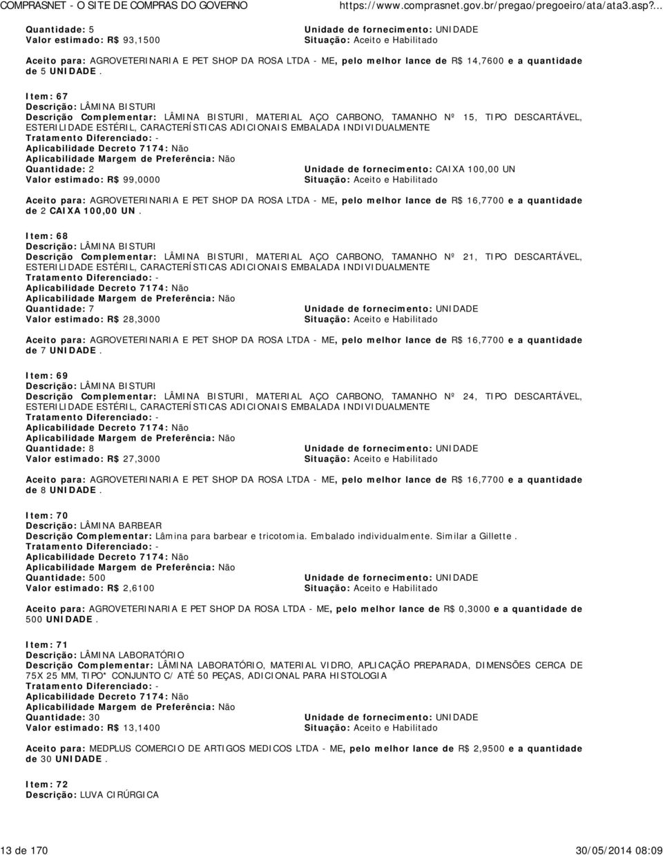 INDIVIDUALMENTE Quantidade: 2 Unidade de fornecimento: CAIXA 100,00 UN Valor estimado: R$ 99,0000 Aceito para: AGROVETERINARIA E PET SHOP DA ROSA, pelo melhor lance de R$ 16,7700 e a quantidade de 2