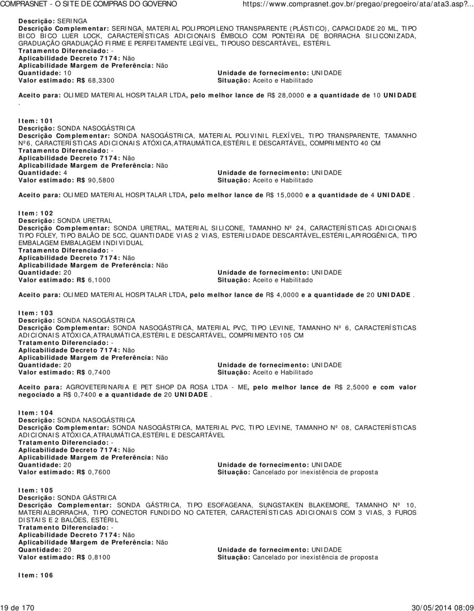 HOSPITALAR LTDA, pelo melhor lance de R$ 28,0000 e a quantidade de 10 UNIDADE.