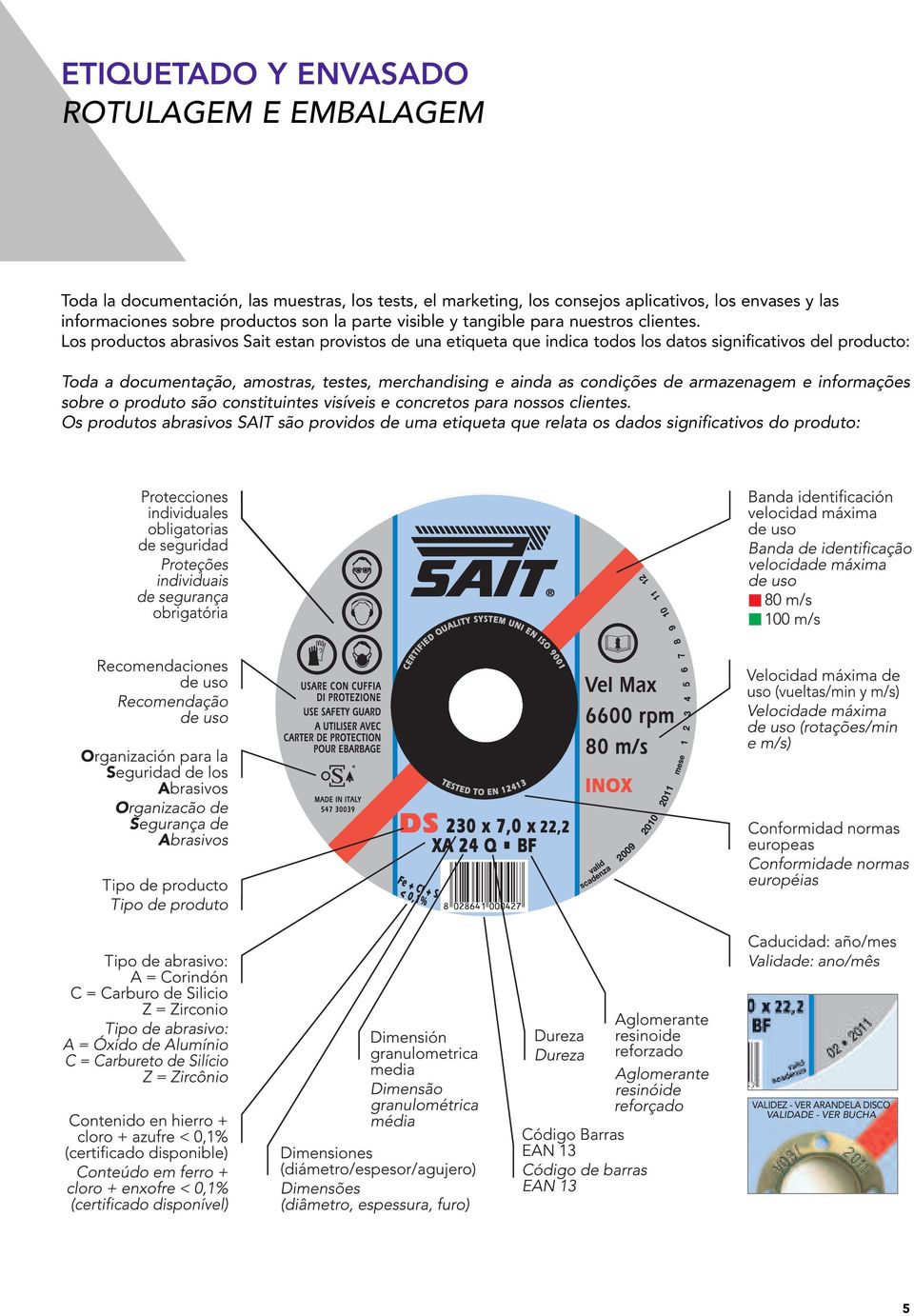 Los productos abrasivos Sait estan provistos de una etiqueta que indica todos los datos significativos del producto: Toda a documentação, amostras, testes, merchandising e