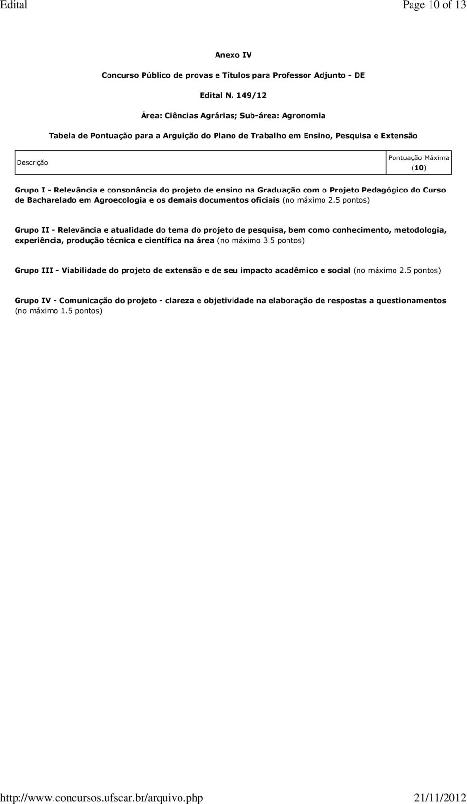 consonância do projeto de ensino na Graduação com o Projeto Pedagógico do Curso de Bacharelado em Agroecologia e os demais documentos oficiais (no máximo 2.