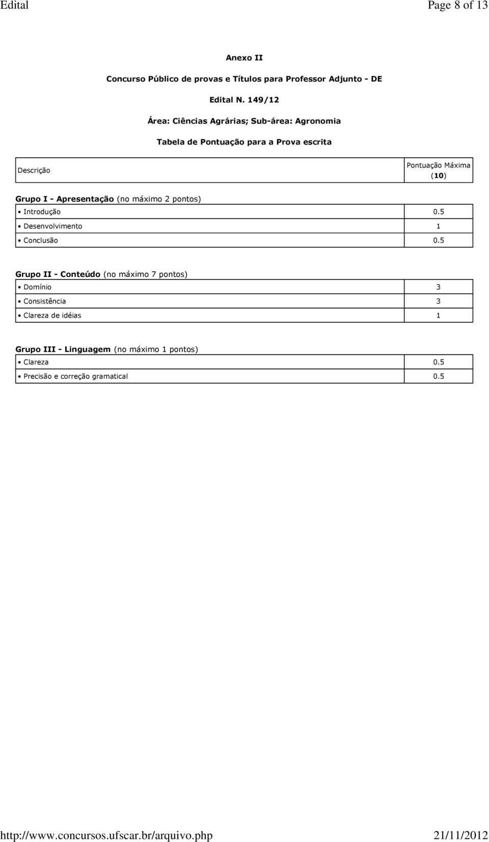 (10) Grupo I - Apresentação (no máximo 2 pontos) Introdução 0.5 Desenvolvimento 1 Conclusão 0.