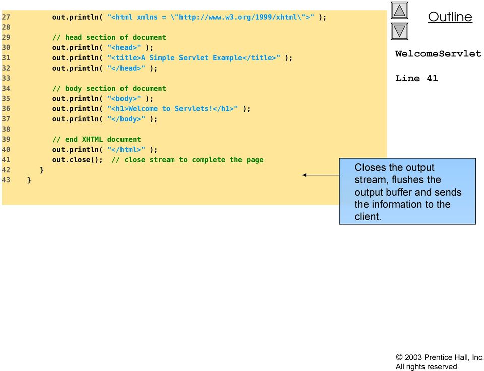println( "<h1>welcome to Servlets!</h1>" ); 37 out.println( "</body>" ); 38 39 // end XHTML document 40 out.println( "</html>" ); 41 out.