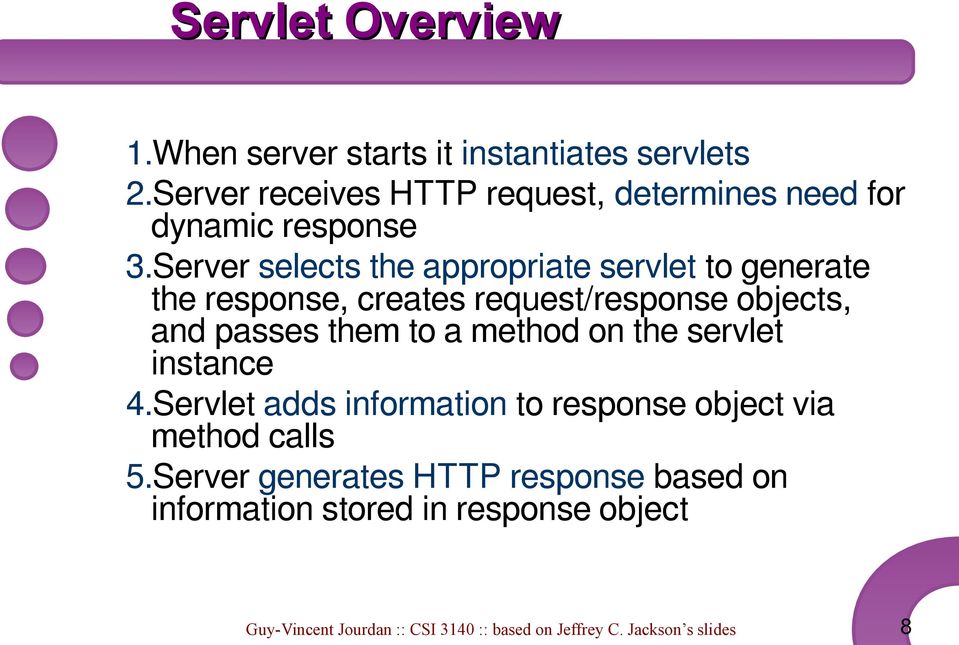 Server selects the appropriate servlet to generate the response, creates request/response objects, and passes them to a