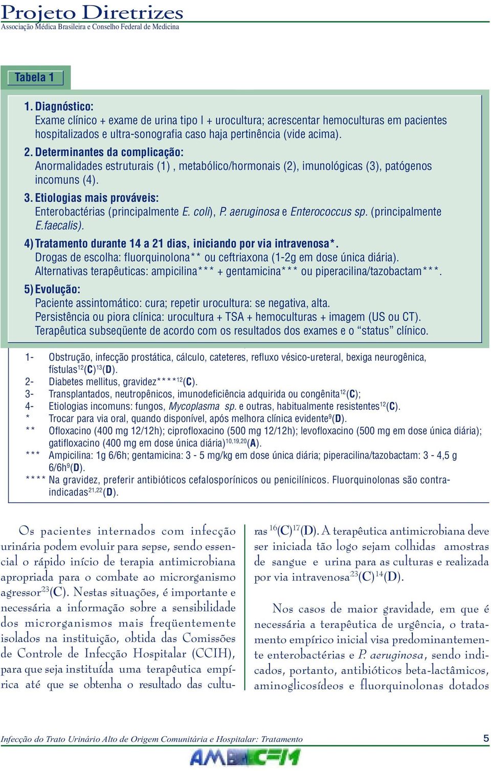 coli), P. aeruginosa e Enterococcus sp. (principalmente E.faecalis). 4)Tratamento durante 14 a 21 dias, iniciando por via intravenosa*.