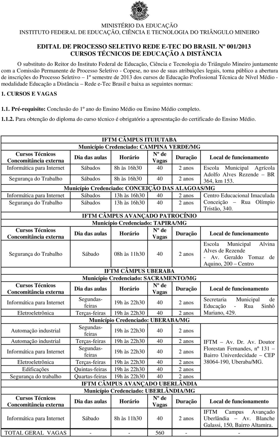 torna público a abertura de inscrições do Processo Seletivo 1º semestre de 2013 dos cursos de Educação Profissional Técnica de Nível Médio - modalidade Educação a Distância Rede e-tec Brasil e baixa