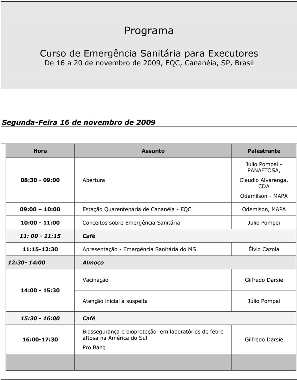10:00-11:00 Conceitos sobre Emergência Sanitária Julio Pompei 11: 00-11:15 Café 11:15-12:30 Apresentação - Emergência Sanitária do MS 12:30-14:00 Almoço