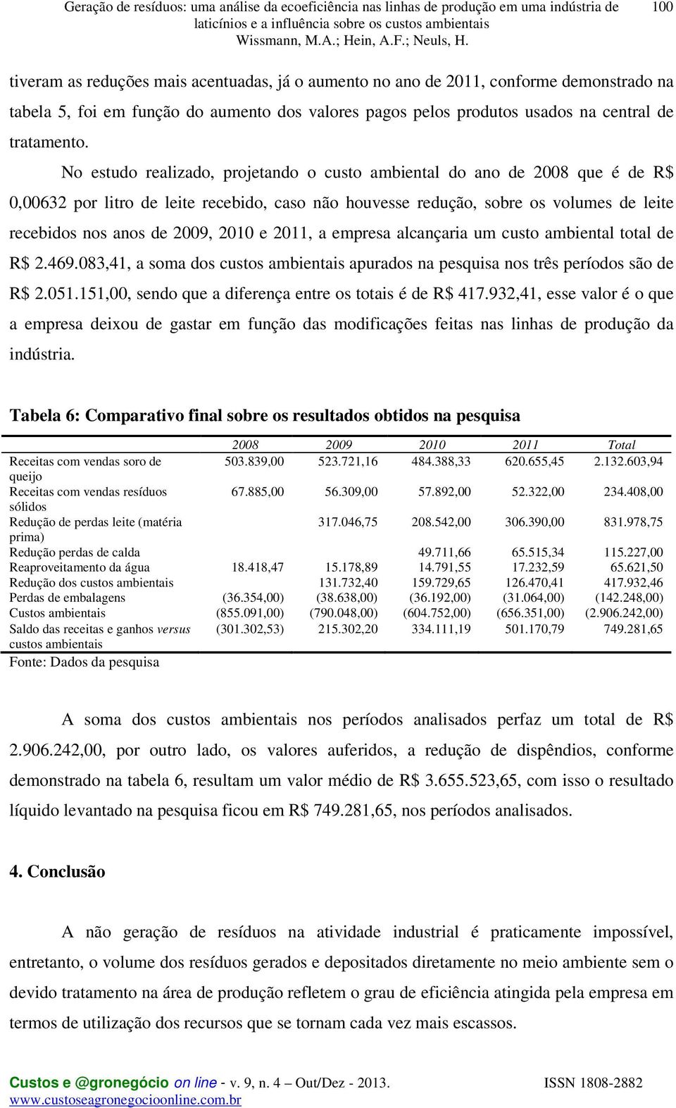 e 2011, a empresa alcançaria um custo ambiental total de R$ 2.469.083,41, a soma dos custos ambientais apurados na pesquisa nos três períodos são de R$ 2.051.