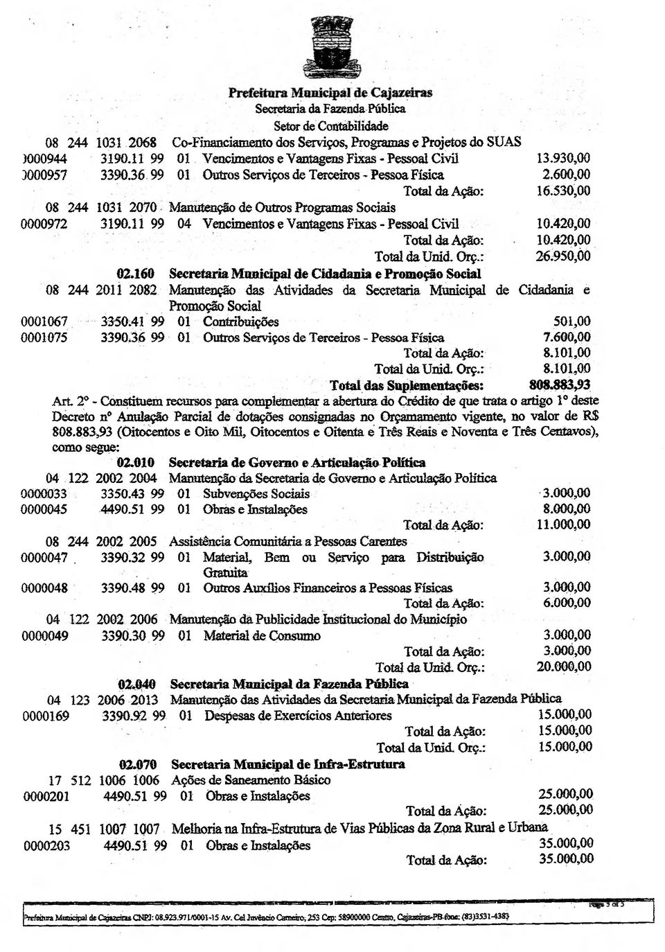 11 99 04 Vencimentos e Vantagens Fixas - Pessoal Civil 10.420,00 TotaldaAção: 10.420,00 26.950,00 02.