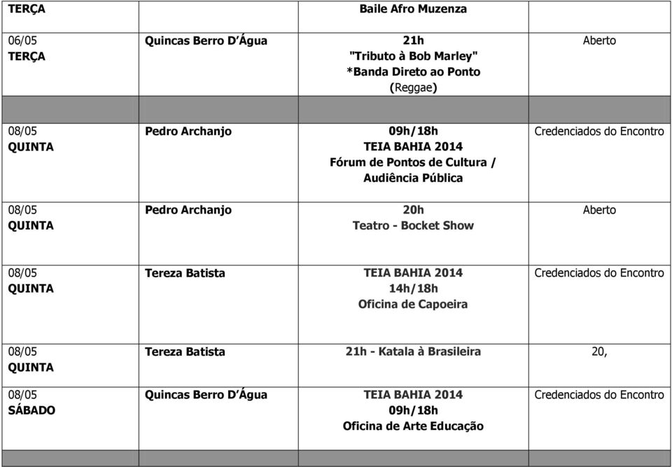 - Bocket Show 08/05 TEIA BAHIA 2014 14h/18h Oficina de Capoeira 08/05