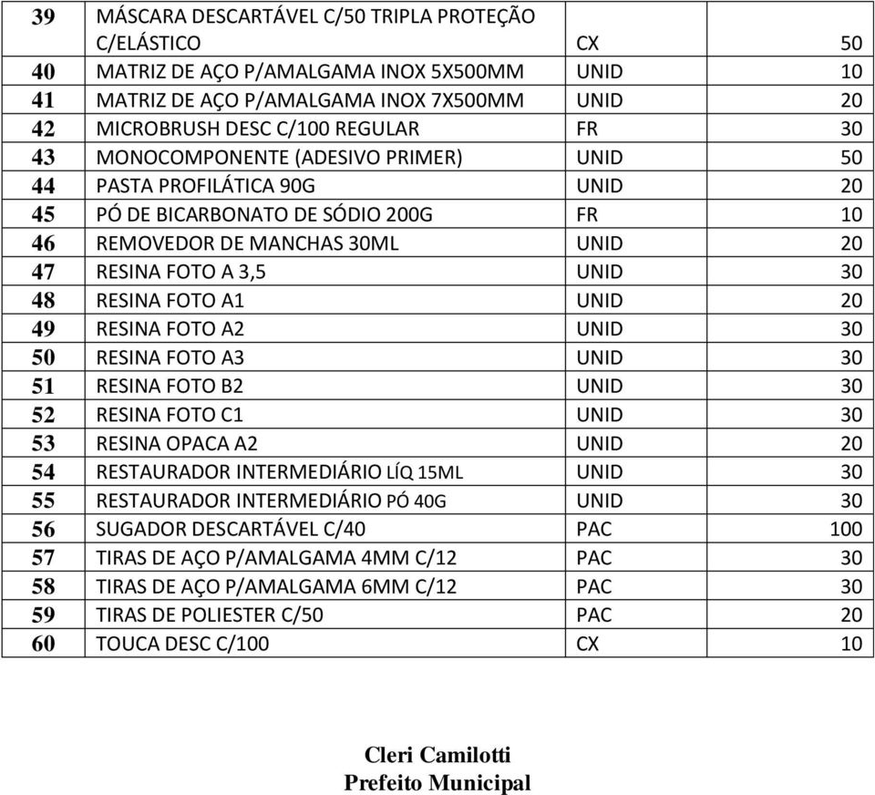 A1 UNID 20 49 RESINA FOTO A2 UNID 30 50 RESINA FOTO A3 UNID 30 51 RESINA FOTO B2 UNID 30 52 RESINA FOTO C1 UNID 30 53 RESINA OPACA A2 UNID 20 54 RESTAURADOR INTERMEDIÁRIO LÍQ 15ML UNID 30 55