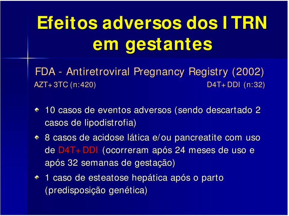 casos de acidose lática l e/ou pancreatite com uso de D4T+DDI (ocorreram após s 24 meses de uso e