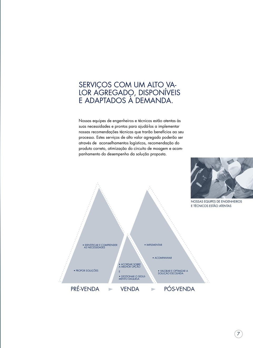 Estes serviços de alto valor agregado poderão ser através de aconselhamentos logísticos, recomendação do produto correto, otimização do circuito de moagem e acompanhamento do