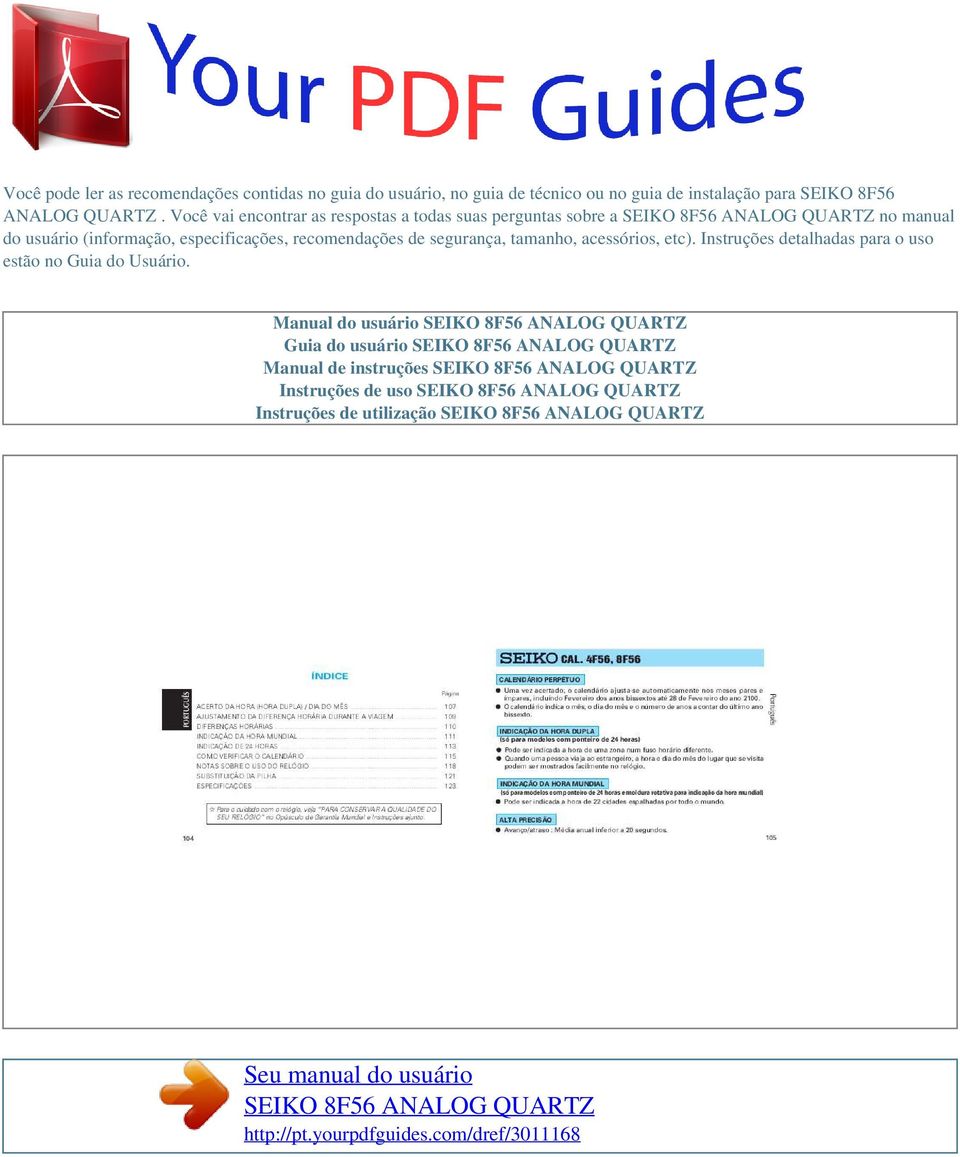 Seu manual do usuário SEIKO 8F56 ANALOG QUARTZ - PDF Download grátis