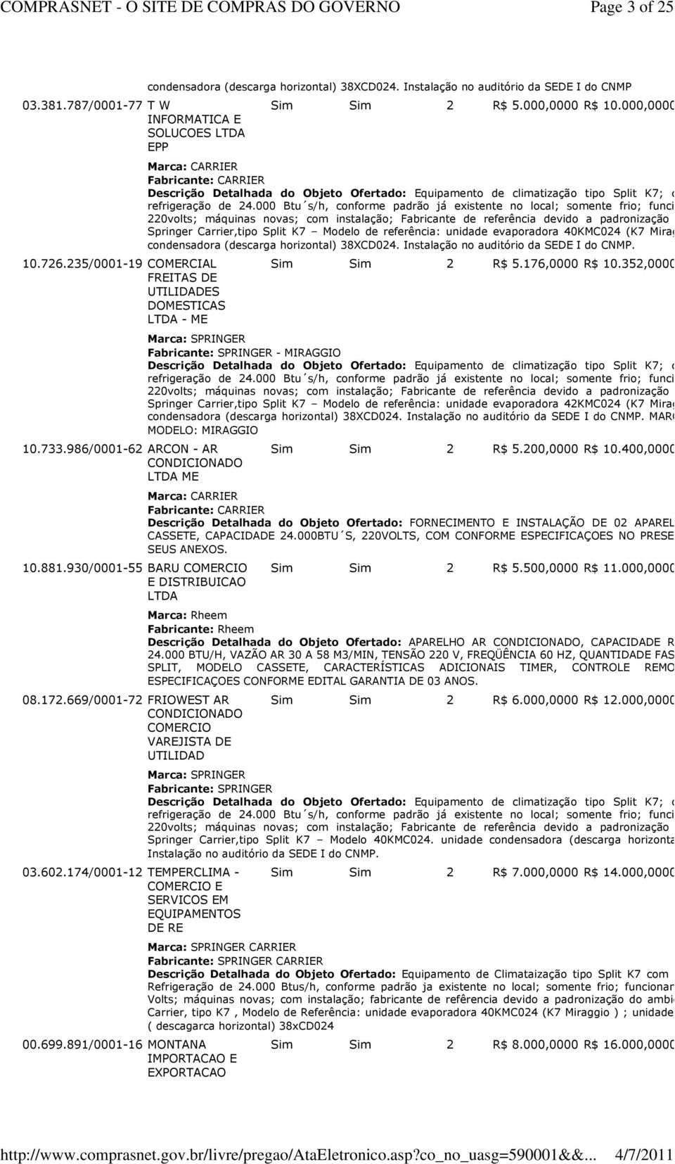 891/0001-16 MONTANA IMPORTACAO E EXPORTACAO condensadora (descarga horizontal) 38XCD024. Instalação no auditório da SEDE I do CNMP Sim Sim 2 R$ 5.000,0000 R$ 10.