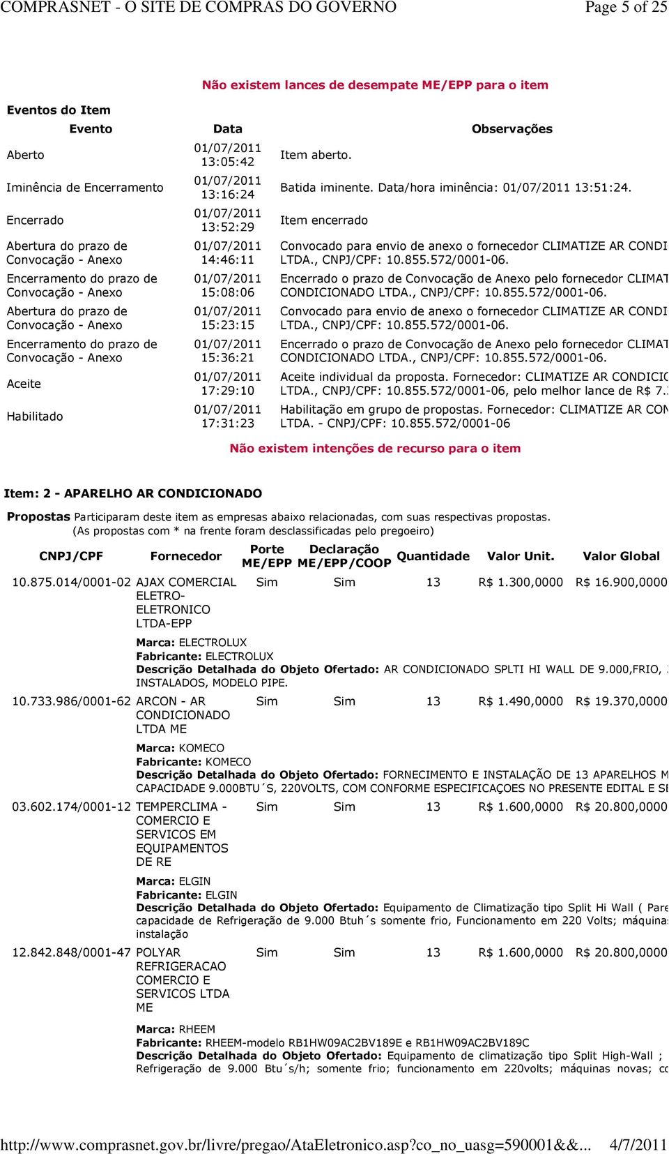 Item encerrado Convocado para envio de anexo o fornecedor CLIMATIZE AR., CNPJ/CPF: 10.855.572/0001-06. Encerrado o prazo de Convocação de Anexo pelo fornecedor CLIMATIZE AR., CNPJ/CPF: 10.855.572/0001-06. Convocado para envio de anexo o fornecedor CLIMATIZE AR., CNPJ/CPF: 10.855.572/0001-06. Encerrado o prazo de Convocação de Anexo pelo fornecedor CLIMATIZE AR., CNPJ/CPF: 10.855.572/0001-06. Aceite individual da proposta.