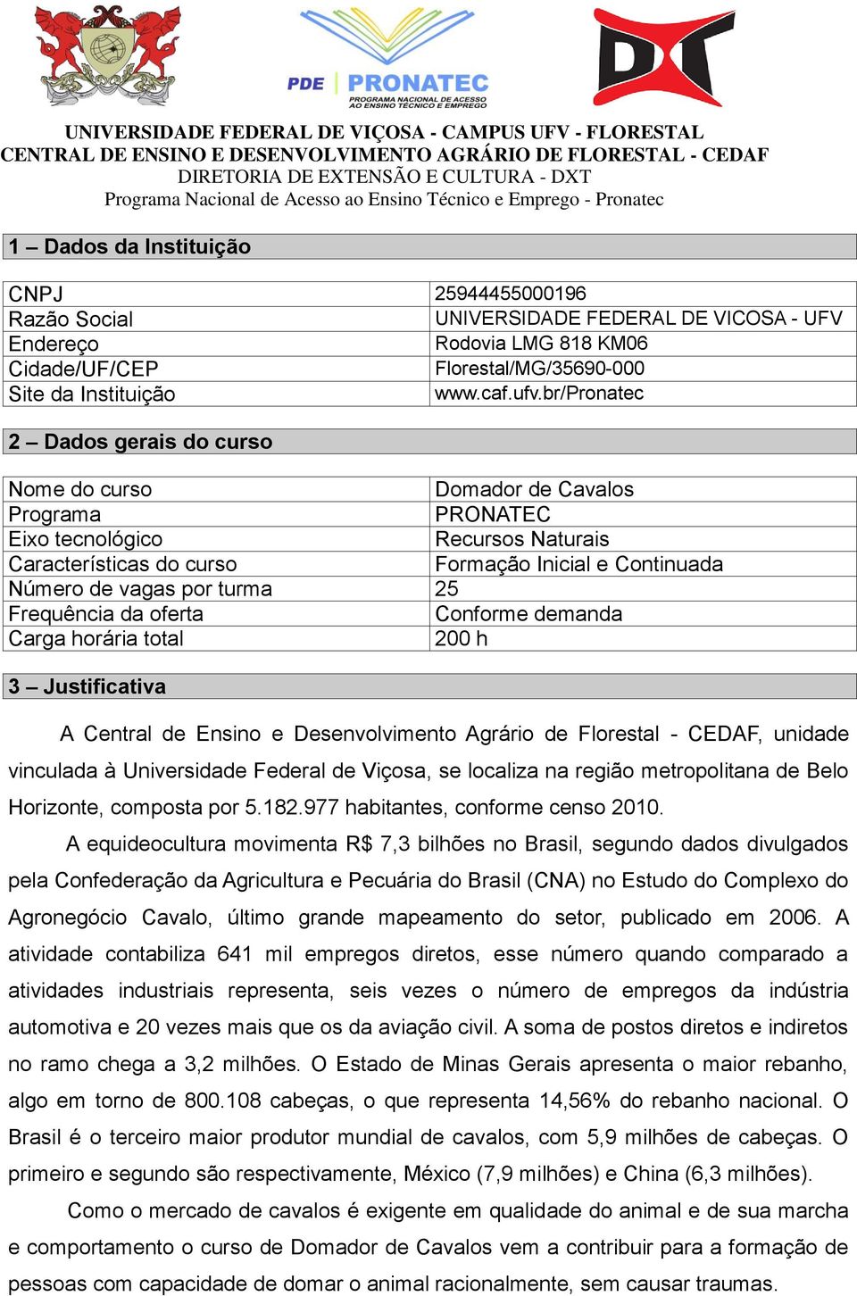 turma 25 Frequência da oferta Conforme demanda Carga horária total 200 h 3 Justificativa A Central de Ensino e Desenvolvimento Agrário de Florestal - CEDAF, unidade vinculada à Universidade Federal