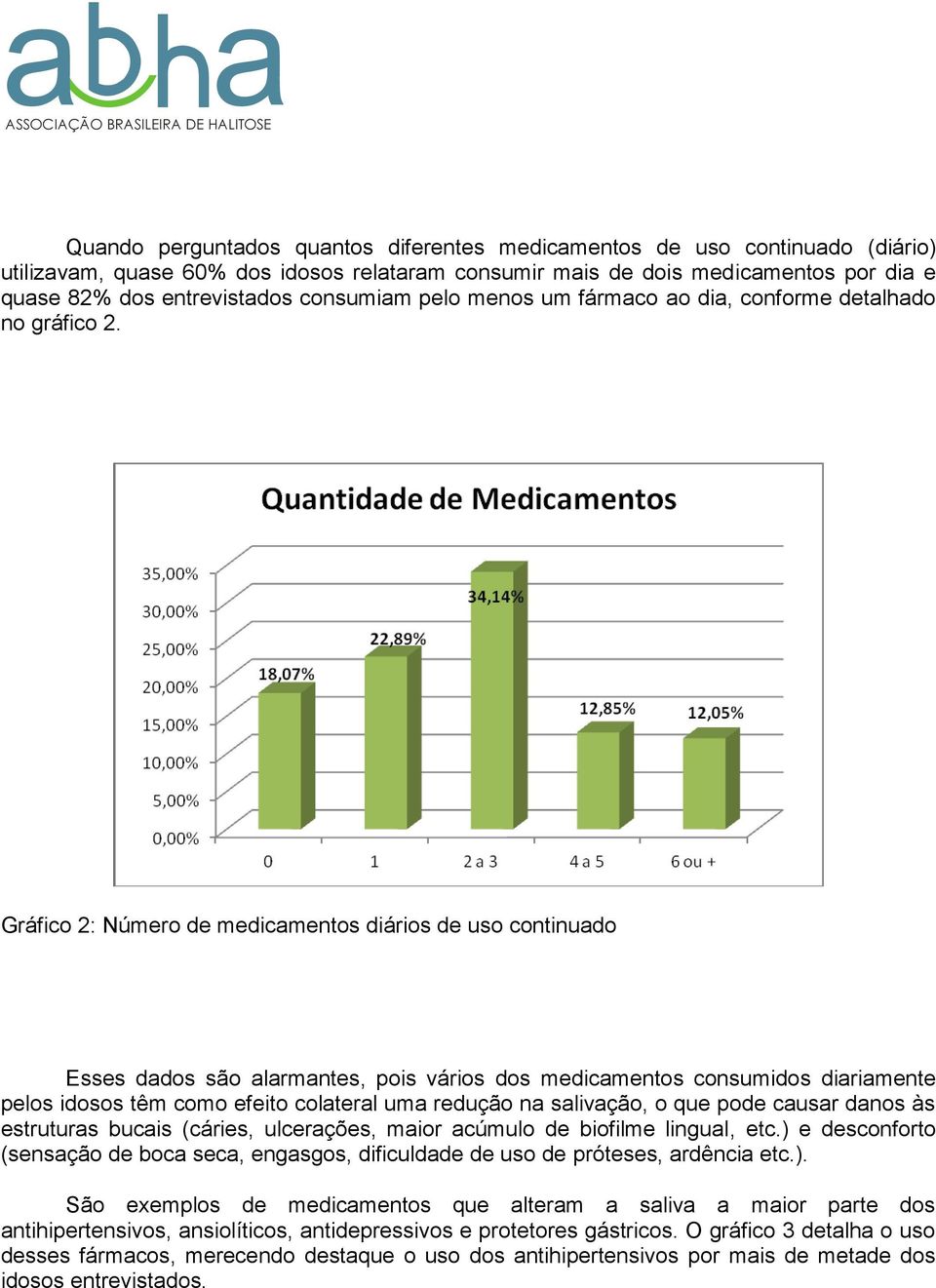 Gráfico 2: Número de medicamentos diários de uso continuado Esses dados são alarmantes, pois vários dos medicamentos consumidos diariamente pelos idosos têm como efeito colateral uma redução na