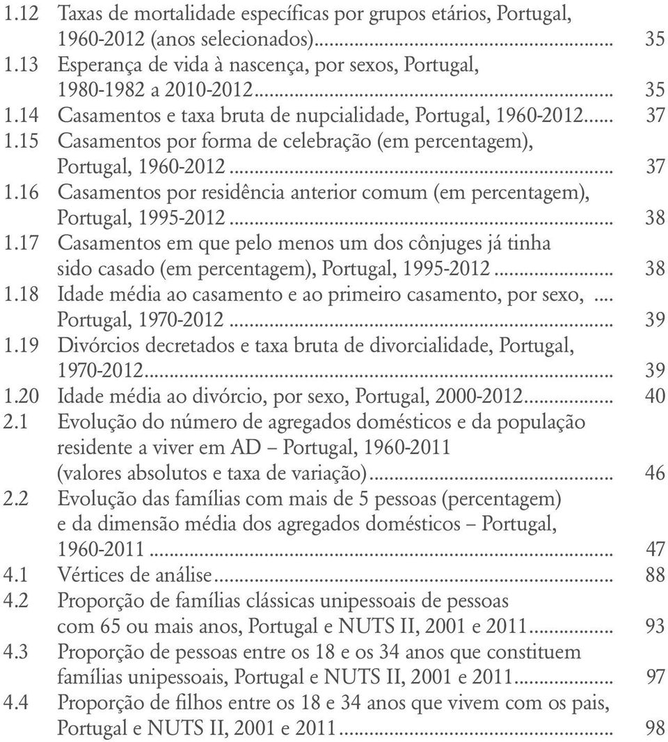 17 Casamentos em que pelo menos um dos cônjuges já tinha sido casado (em percentagem), Portugal, 1995-2012... 38 1.18 Idade média ao casamento e ao primeiro casamento, por sexo,... Portugal, 1970-2012.