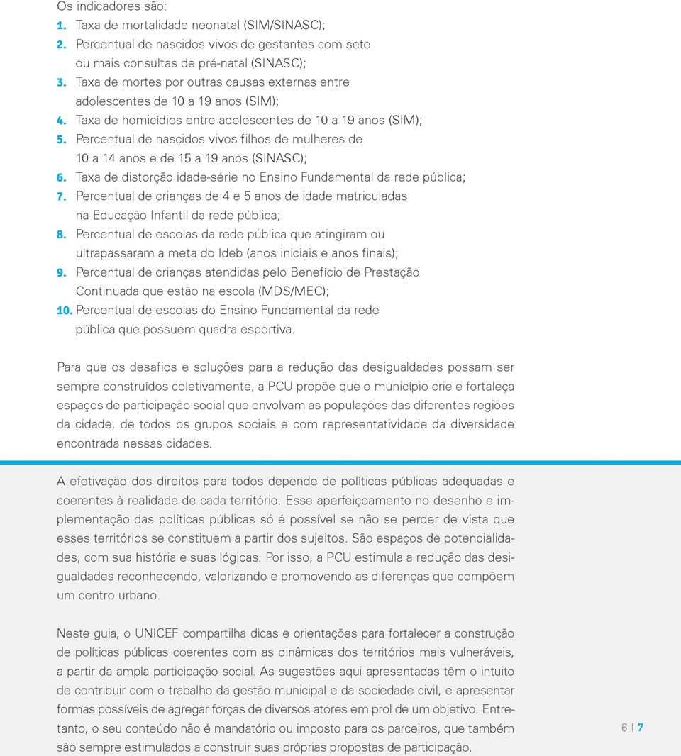 Percentual de nascidos vivos filhos de mulheres de 10 a 14 anos e de 15 a 19 anos (SINASC); 6. Taxa de distorção idade-série no Ensino Fundamental da rede pública; 7.