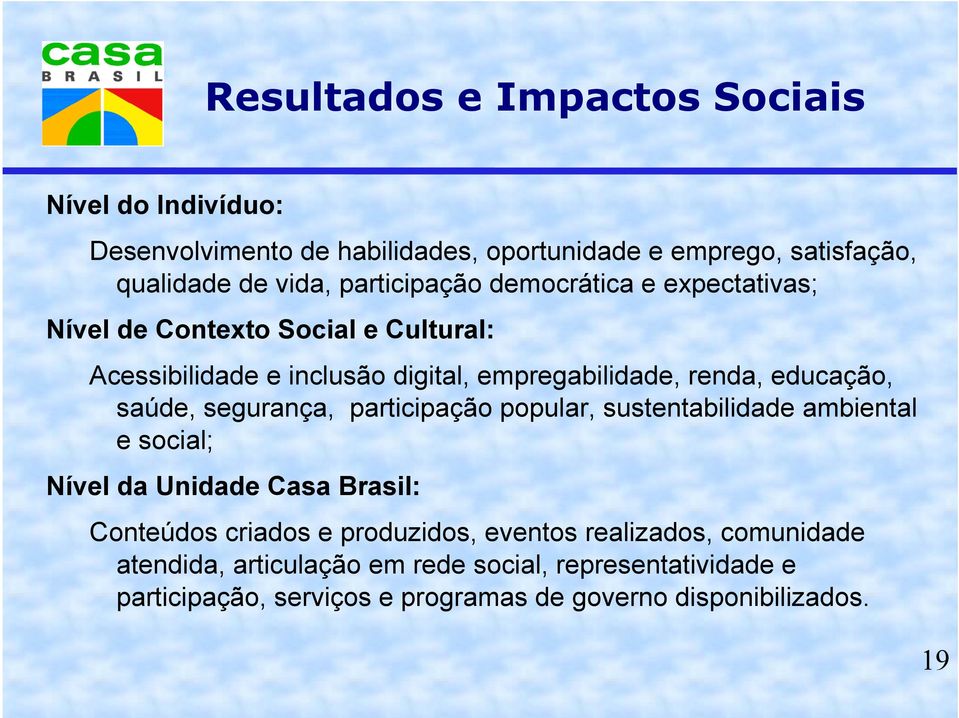 educação, saúde, segurança, participação popular, sustentabilidade ambiental e social; Nível da Unidade Casa Brasil: Conteúdos criados e