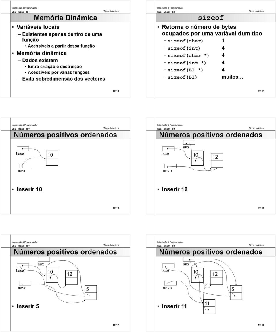 vectores sizeof Retorna o número de bytes ocupados por uma variável dum tipo sizeof(char) 1 sizeof(int) 4