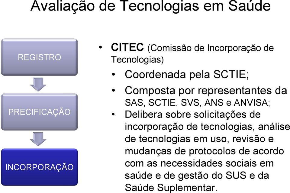 Delibera sobre solicitações de incorporação de tecnologias, análise de tecnologias em uso, revisão e