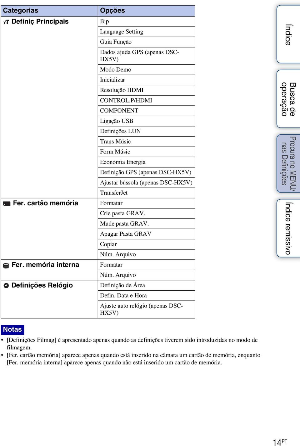 P/HDMI COMPONENT Ligação USB Definições LUN Trans Músic Form Músic Economia Energia Definição GPS (apenas DSC-HX5V) Ajustar bússola (apenas DSC-HX5V) TransferJet Formatar Crie pasta GRAV.