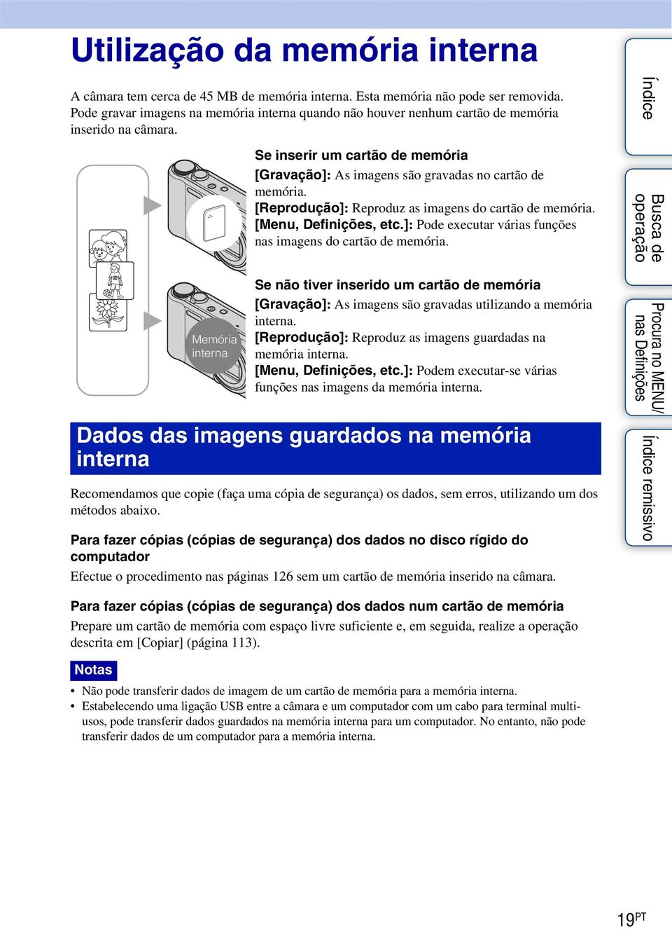 [Reprodução]: Reproduz as imagens do cartão de memória. [Menu, Definições, etc.]: Pode executar várias funções nas imagens do cartão de memória.