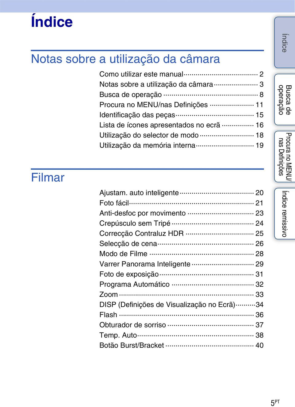 auto inteligente 20 Foto fácil 21 Anti-desfoc por movimento 23 Crepúsculo sem Tripé 24 Correcção Contraluz HDR 25 Selecção de cena 26 Modo de Filme 28