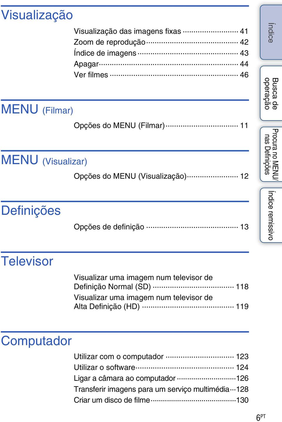 televisor de Definição Normal (SD) 118 Visualizar uma imagem num televisor de Alta Definição (HD) 119 Computador Utilizar com o