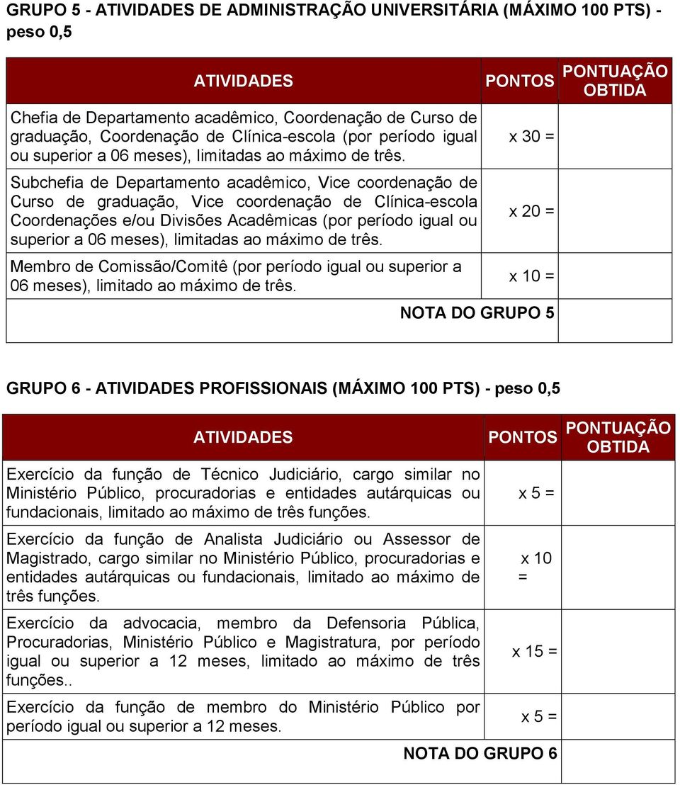 Subchefia de Departamento acadêmico, Vice coordenação de Curso de graduação, Vice coordenação de Clínica-escola Coordenações e/ou Divisões Acadêmicas (por período igual ou superior  Membro de