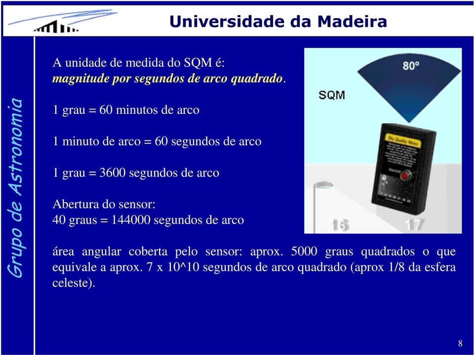 arco Abertura do sensor: 40 graus = 144000 segundos de arco área angular coberta pelo sensor: