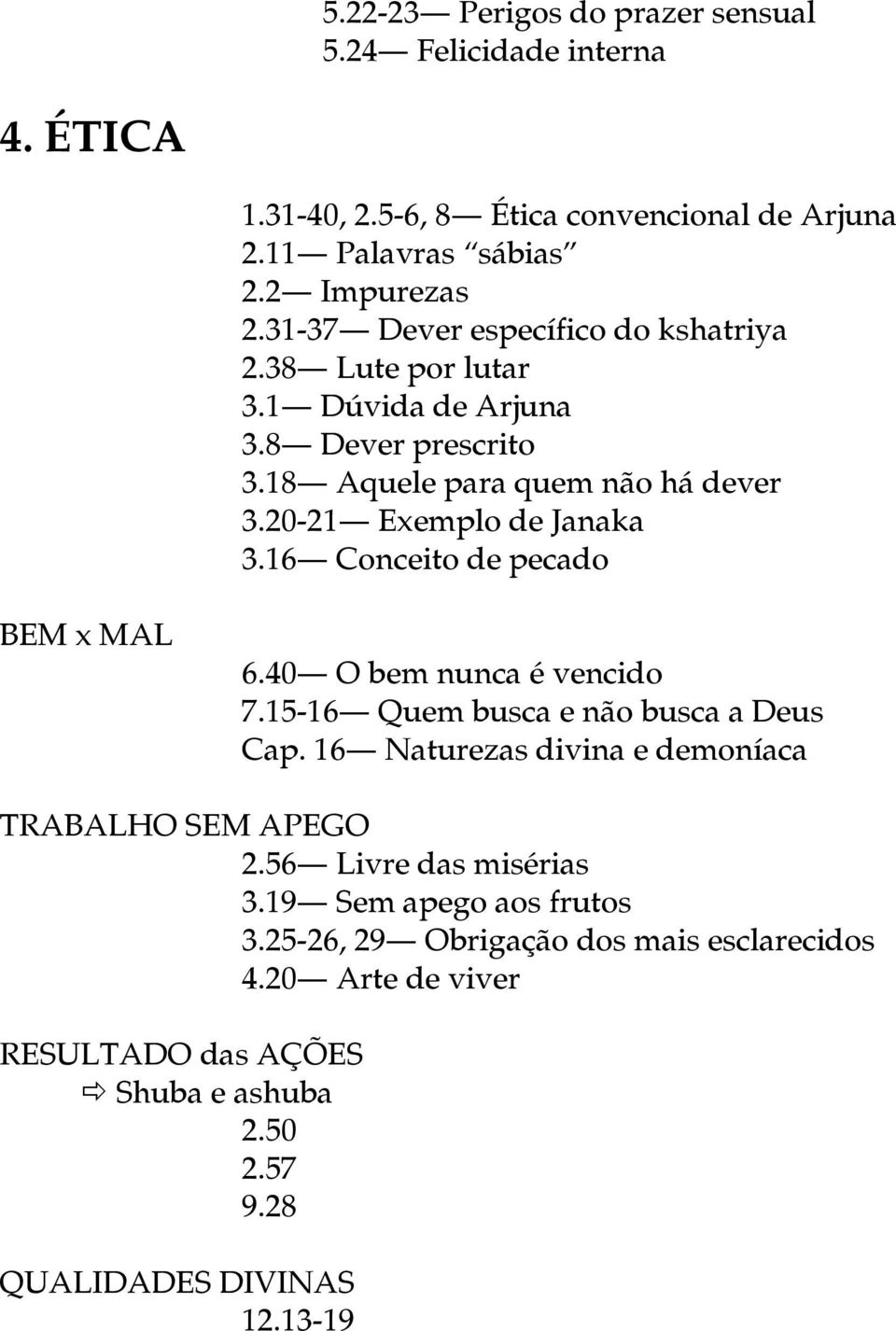 16 Conceito de pecado BEM x MAL 6.40 O bem nunca é vencido 7.15-16 Quem busca e não busca a Deus Cap. 16 Naturezas divina e demoníaca TRABALHO SEM APEGO 2.