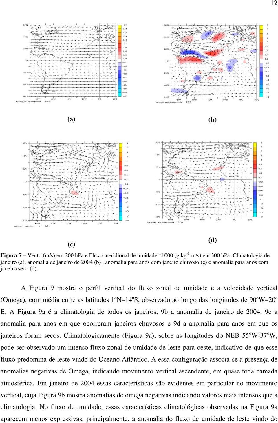 (d) A Figura 9 mostra o perfil vertical do fluxo zonal de umidade e a velocidade vertical (Omega), com média entre as latitudes 1ºN 14ºS, observado ao longo das longitudes de 90ºW 20º E.