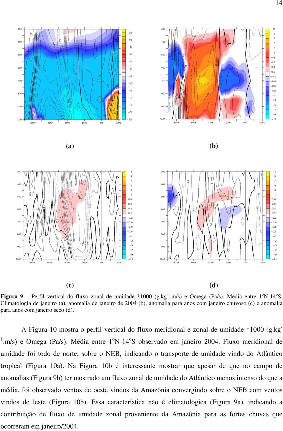 (d) A Figura 10 mostra o perfil vertical do fluxo meridional e zonal de umidade *1000 (g.kg - 1.m/s) e Omega (Pa/s). Média entre 1 o N-14 o S observado em janeiro 2004.