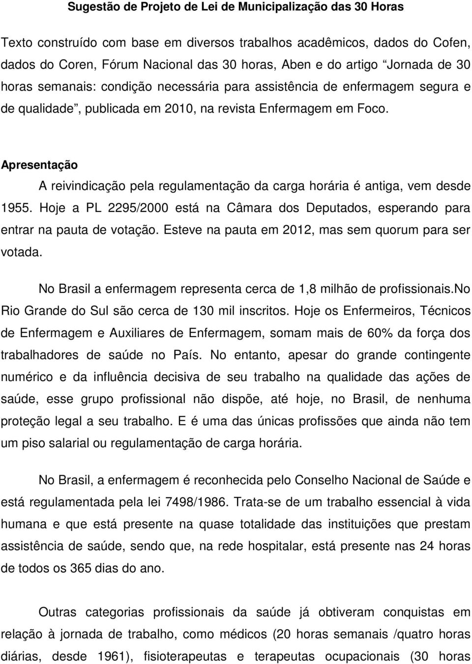 Apresentação A reivindicação pela regulamentação da carga horária é antiga, vem desde 1955. Hoje a PL 2295/2000 está na Câmara dos Deputados, esperando para entrar na pauta de votação.