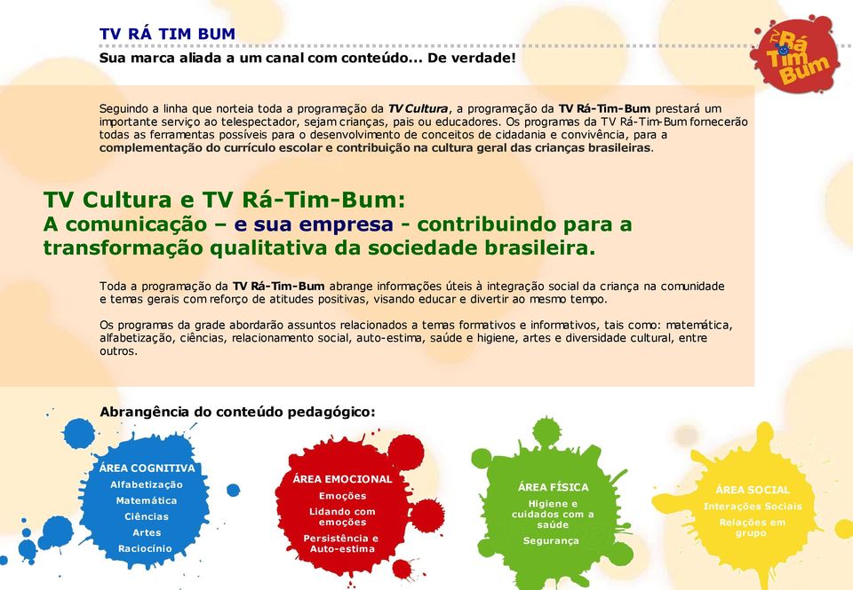 Os programas da TV Rá-Tim-Bum fornecerão todas as ferramentas possíveis para o desenvolvimento de conceitos de cidadania e convivência, para a complementação do currículo escolar e contribuição na
