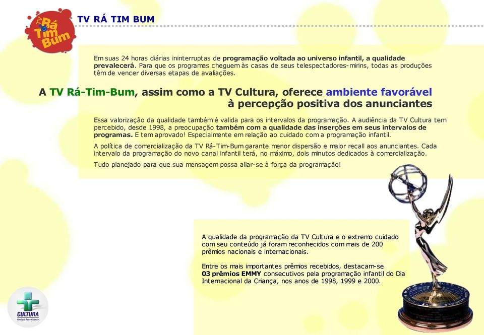 A TV Rá-Tim-Bum, assim como a TV Cultura, oferece ambiente favorável à percepção positiva dos anunciantes Essa valorização da qualidade também é valida para os intervalos da programação.