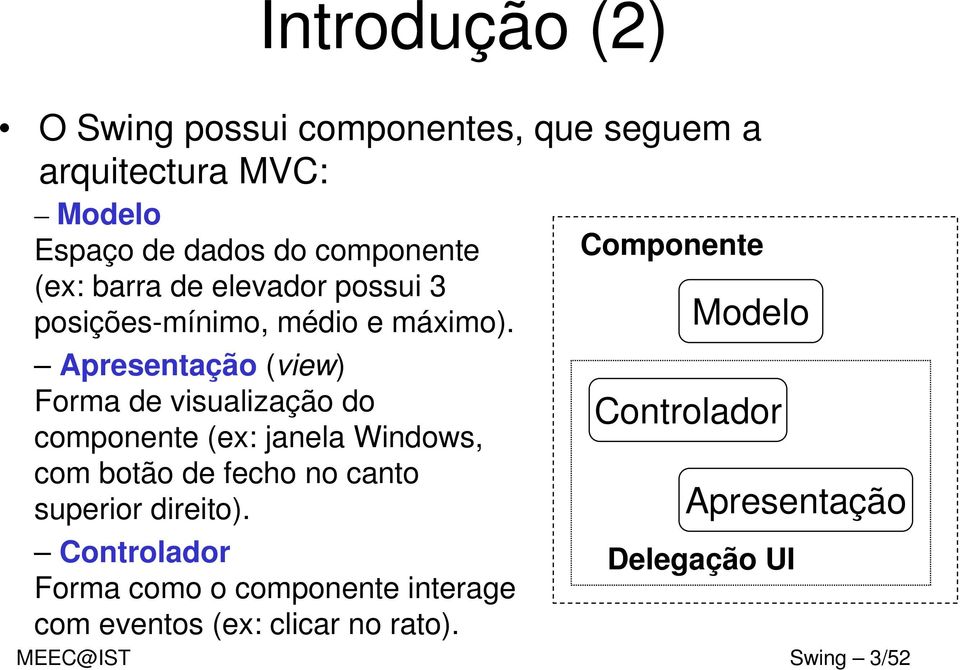 Apresentação (view) Forma de visualização do componente (ex: janela Windows, com botão de fecho no canto superior