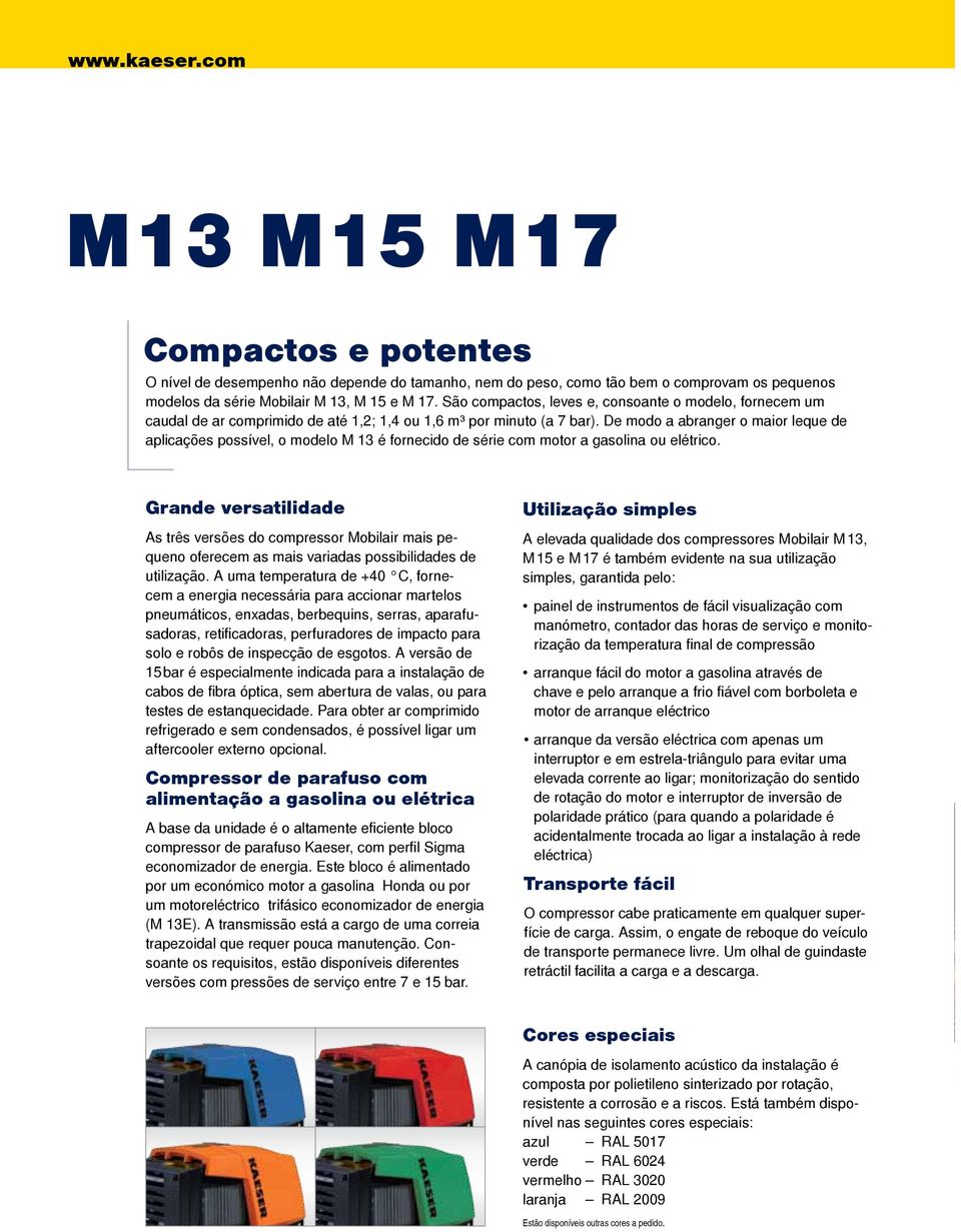 De modo a abranger o maior leque de aplicações possível, o modelo M 13 é fornecido de série com motor a gasolina ou elétrico.