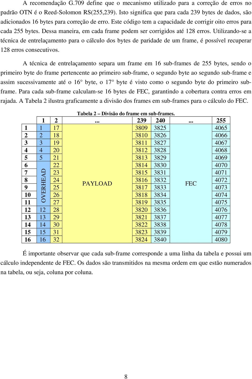 Utlzando-se a técnca de entrelaçamento para o cálculo dos bytes de pardade de um frame, é possível recuperar 8 erros consecutvos.