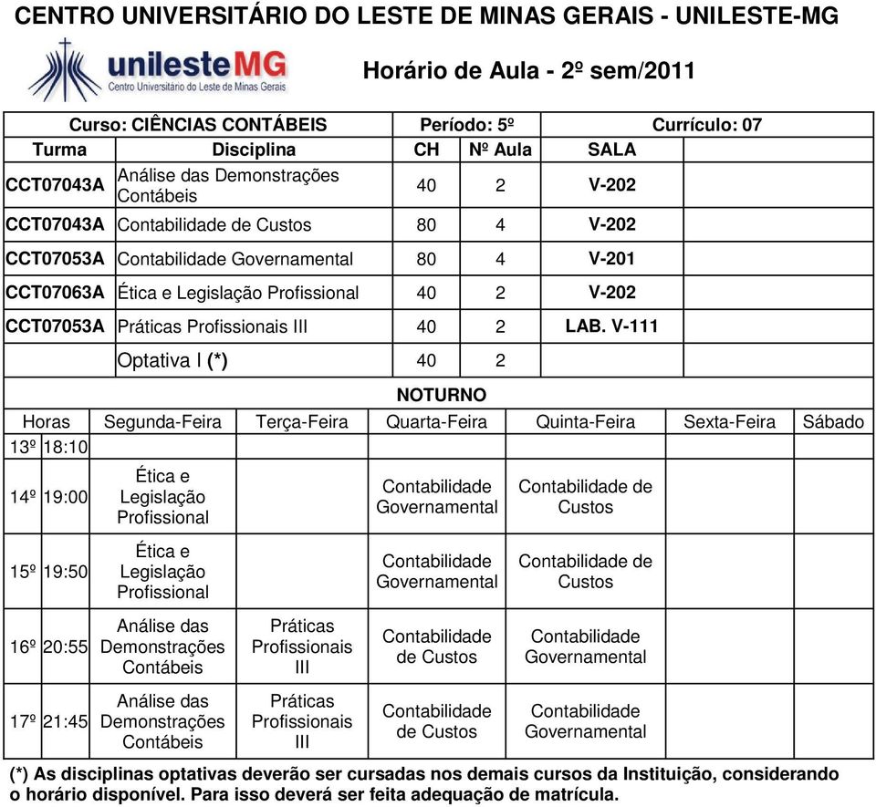 V-111 Optativa I (*) 40 2 de Custos de Custos 16º 20:55 Análise das Demonstrações Contábeis III 17º 21:45 Análise das