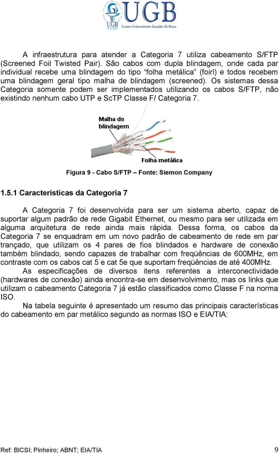 Os sistemas dessa Categoria somente podem ser implementados utilizando os cabos S/FTP, não existindo nenhum cabo UTP e ScTP Classe F/ Categoria 7. Figura 9 - Cabo S/FTP Fonte: Siemon Company 1.5.