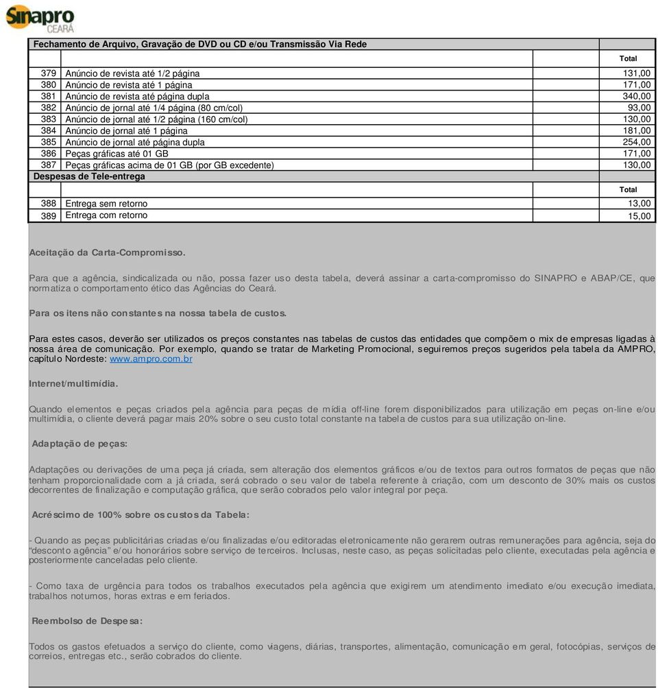 254,00 386 Peças gráficas até 01 GB 171,00 387 Peças gráficas acima de 01 GB (por GB excedente) 130,00 Despesas de Teleentrega 388 Entrega sem retorno 13,00 389 Entrega com retorno 15,00 Aceitação da