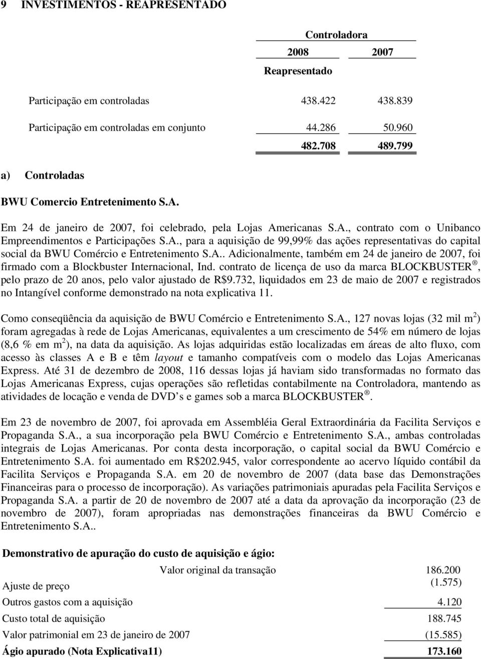 A.. Adicionalmente, também em 24 de janeiro de 2007, foi firmado com a Blockbuster Internacional, Ind.