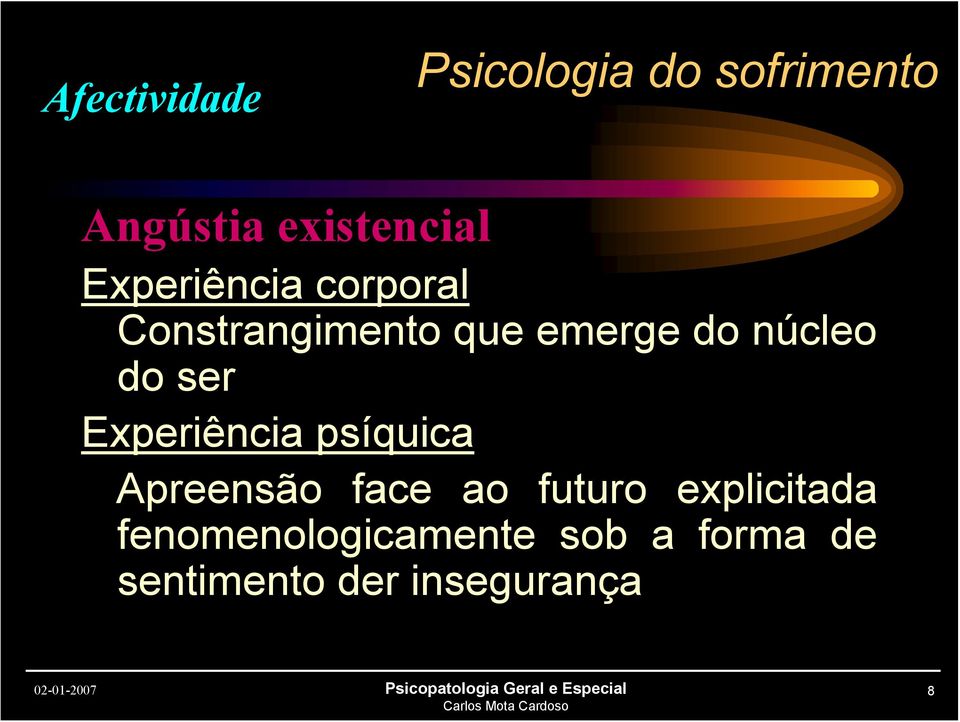 Experiência psíquica Apreensão face ao futuro